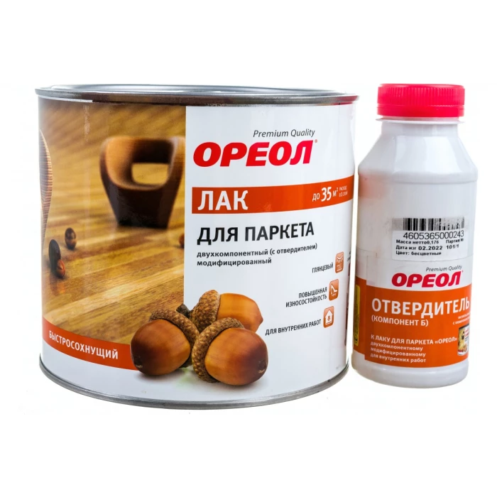 Лак для паркета Ореол (двухкомпонентный; с отвердителем; модифицированный; для внутренних работ; 1.776 кг) 6263