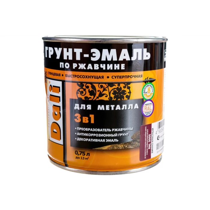 Грунт-эмаль по ржавчине Dali 3 в 1 винно-красный RAL 3005 0.75 л 6 45807