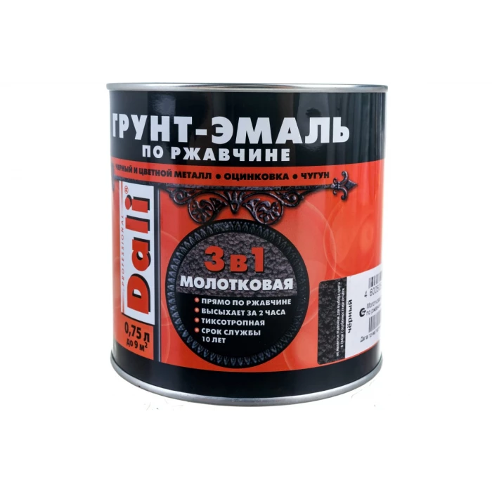Грунт-эмаль по ржавчине Dali 3 в 1 молотковая черная 0.75 л 6 28233
