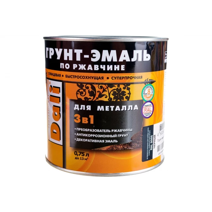 Грунт-эмаль по ржавчине Dali 3 в 1 черная RAL 9005 0.75 л 6 19299