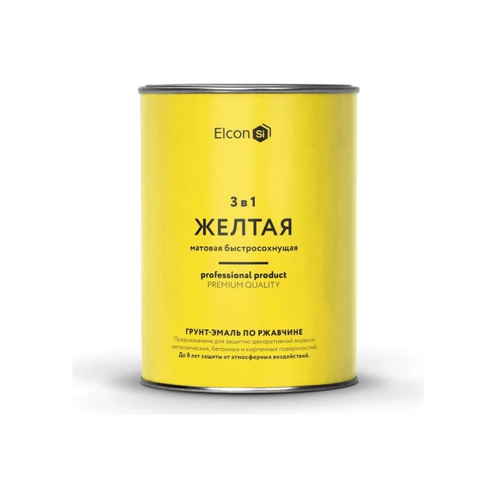 Быстросохнущая грунт-эмаль по металлу Elcon 3 в 1 по ржавчине, матовая, желтая, 0.8 кг 00-00462301