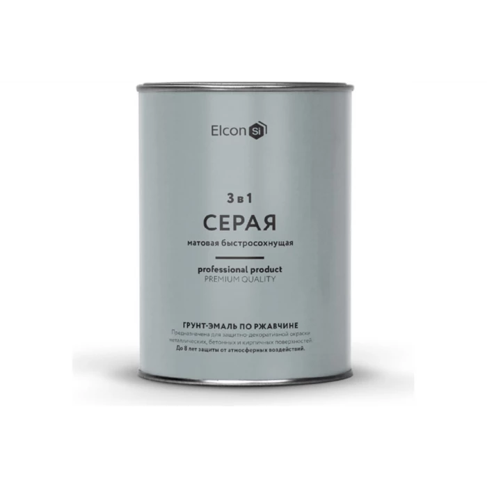 Быстросохнущая грунт-эмаль по металлу Elcon 3 в 1 по ржавчине, матовая, серая, 0.8 кг 00-00462297