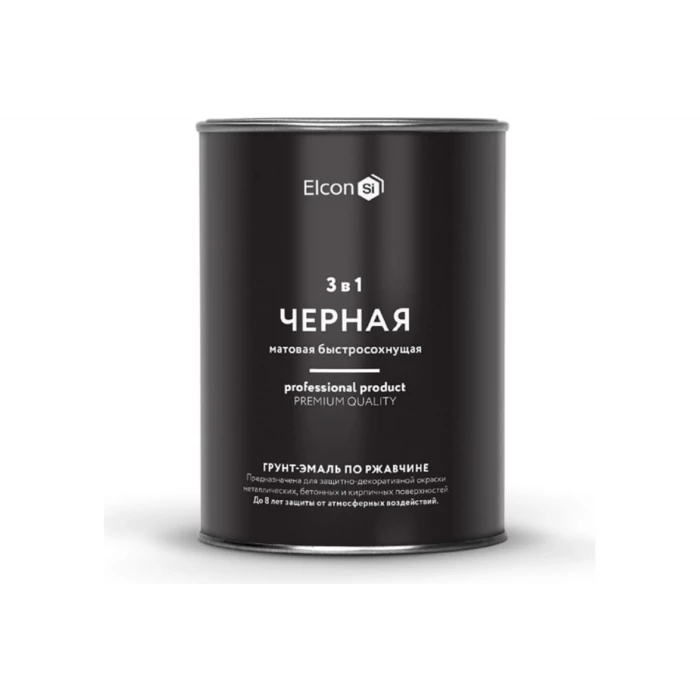 Быстросохнущая грунт-эмаль по металлу Elcon 3 в 1 по ржавчине, матовая, черная, 0.8 кг 00-00462298