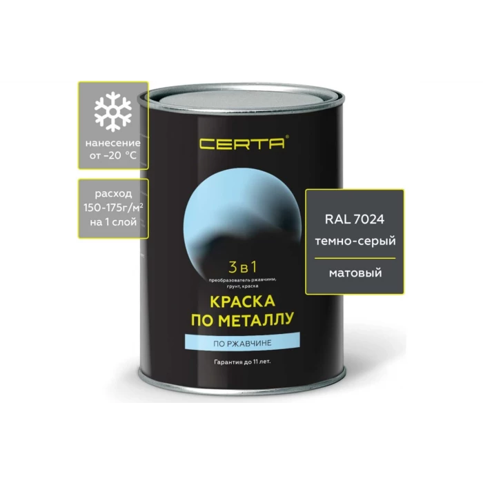 Быстросохнущая краска 3 в 1 по металлу, ржавчине Certa матовое покрытие, гладкая, темно-серый RAL 7024, 0.8 кг KRGL702437