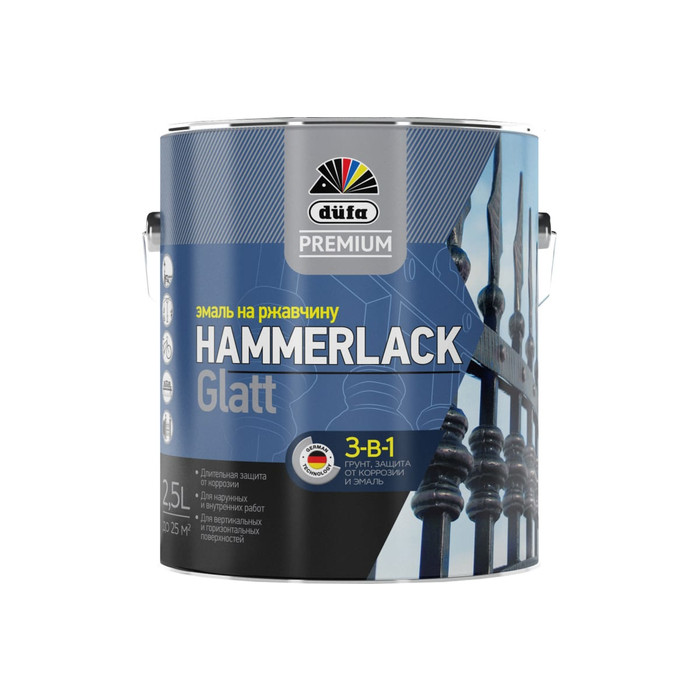 Эмаль на ржавчину Dufa Premium HAMMERLACK гладкая, RAL 6005 зеленый мох 2,5 л Н0000004957