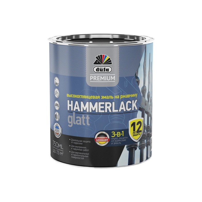 Эмаль на ржавчину Dufa Premium HAMMERLACK гладкая, RAL-7040 серый 750 мл МП00-004923