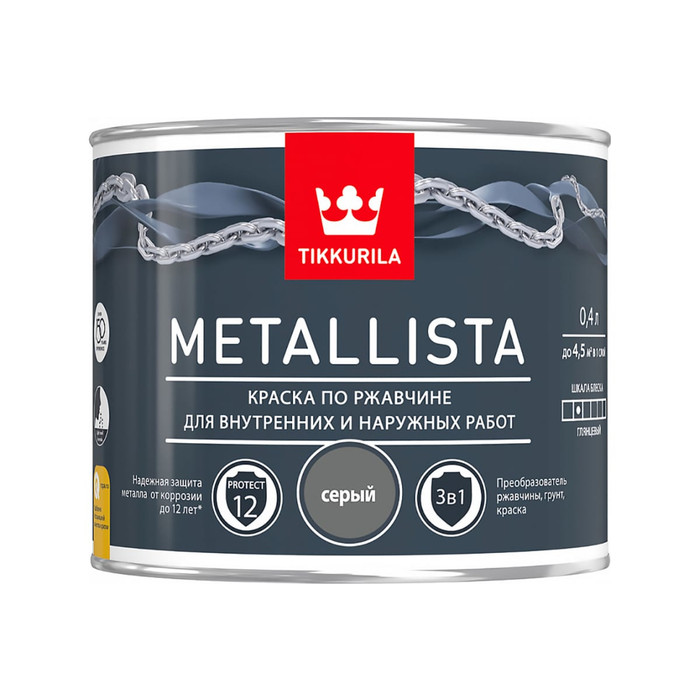 Краска TIKKURILA METALLISTA по ржавчине 3 в 1, глянцевая, серый 0,4л 700011742 203639