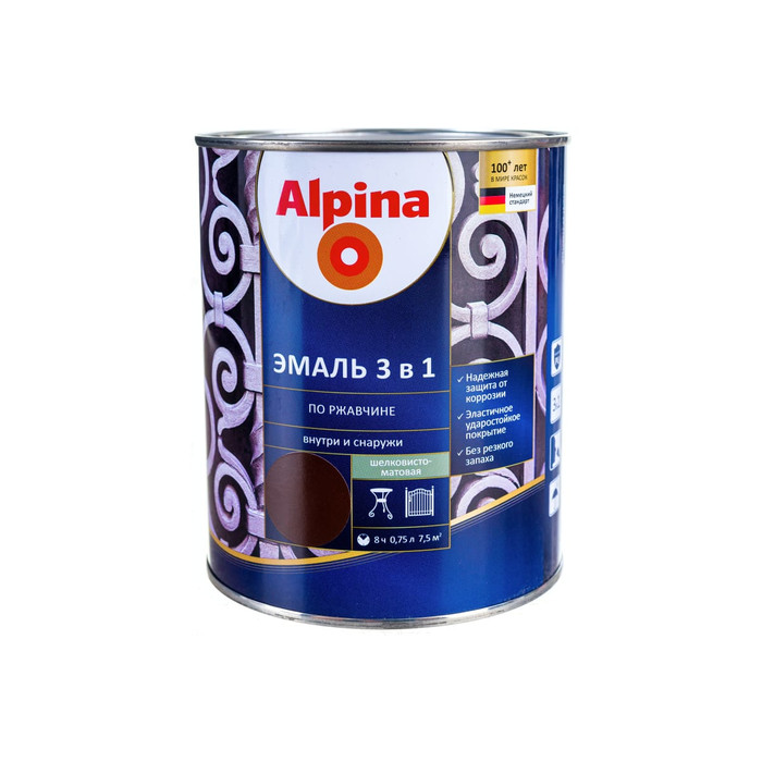 Эмаль ALPINA SVT алкидно-уретановая, по ржавчине 3 в 1, RAL 8017 шоколадный, 0.75 л 948103652