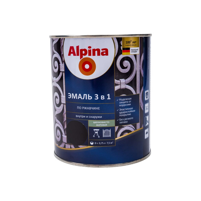 Эмаль ALPINA SVT алкидно-уретановая, по ржавчине 3 в 1, RAL 9005 черный, 0.75 л 948103662