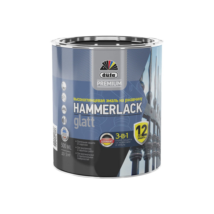 Эмаль Dufa Hammerlack Premium на ржавчину, гладкая, винно-красный RAL-3005, 0.5 л МП00-010410