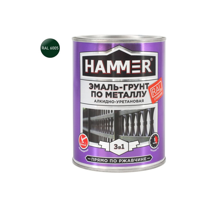 Эмаль-грунт по металлу HAMMER 3в1 АУ п/гл RAL 6005 зеленый мох 0,9 кг ЭК000133626 фото 2