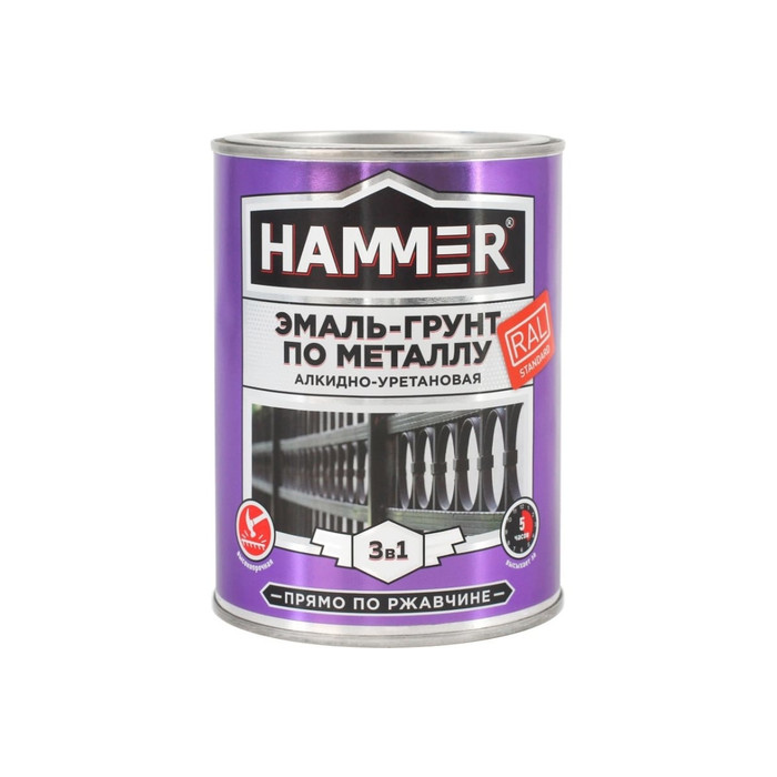 Эмаль-грунт по металлу HAMMER 3в1 АУ п/гл RAL 6005 зеленый мох 0,9 кг ЭК000133626