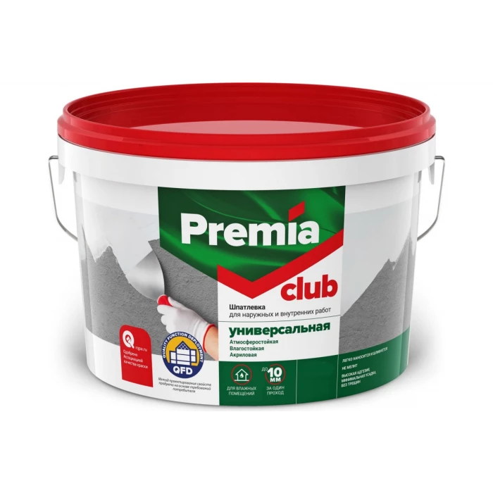 Универсальная шпатлевка Premia Club для наружных и внутренних работ, ведро 8 кг О03936
