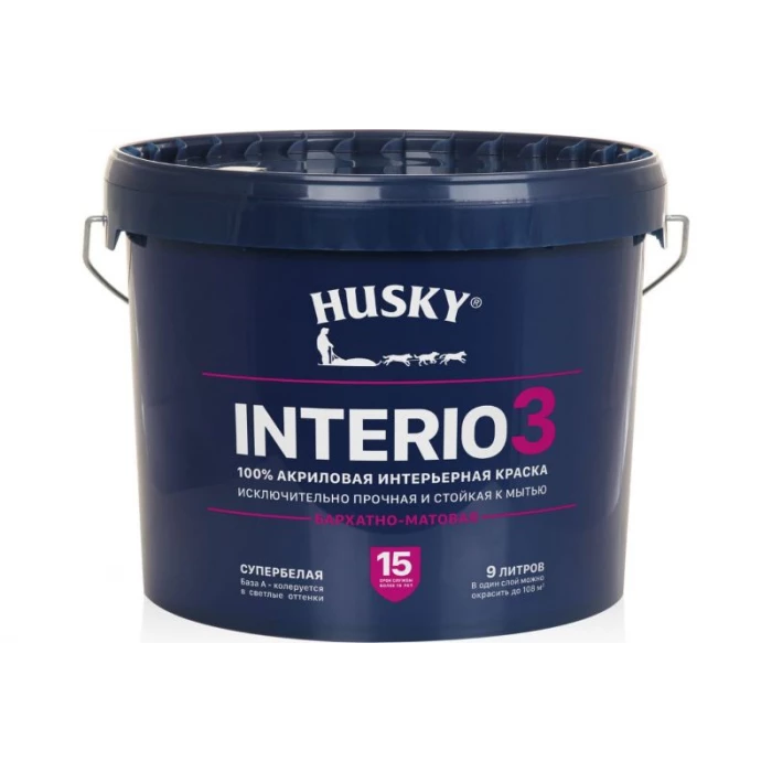 Краска HUSKY INTERIO 3 бархатно-матовая, интерьерная, 9 л 32243
