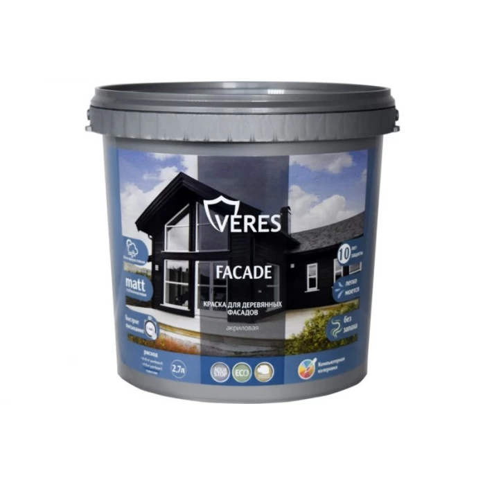 Краска для деревянных фасадов VERES facade, акриловая, глубокоматовая, база A, белая, 2.7 л 256898