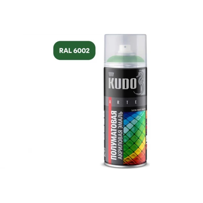 Аэрозольная краска в баллончике KUDO быстросохнущая акриловая универсальная полуматовая SATIN RAL 6002 зелёная листва KU-0A6002