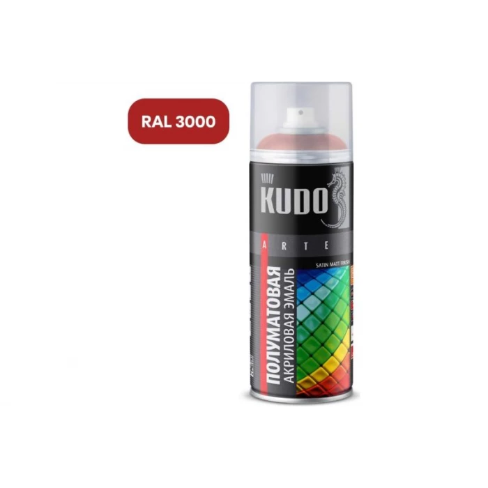 Аэрозольная краска в баллончике KUDO быстросохнущая акриловая универсальная полуматовая SATIN RAL 3000 огненно-красная KU-0A3000